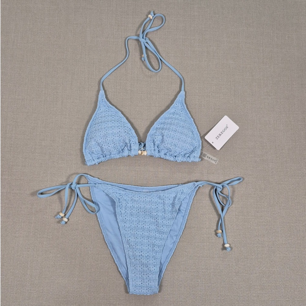ZEREGOS Womens Light Blue Eyelet Textured Triangle Side Tie Bikini Set Size M